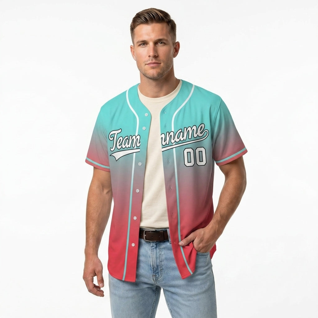 Custom Baseball Jersey - Personalized Gradient Shirt with Teal & Red Design - Full Sublimation