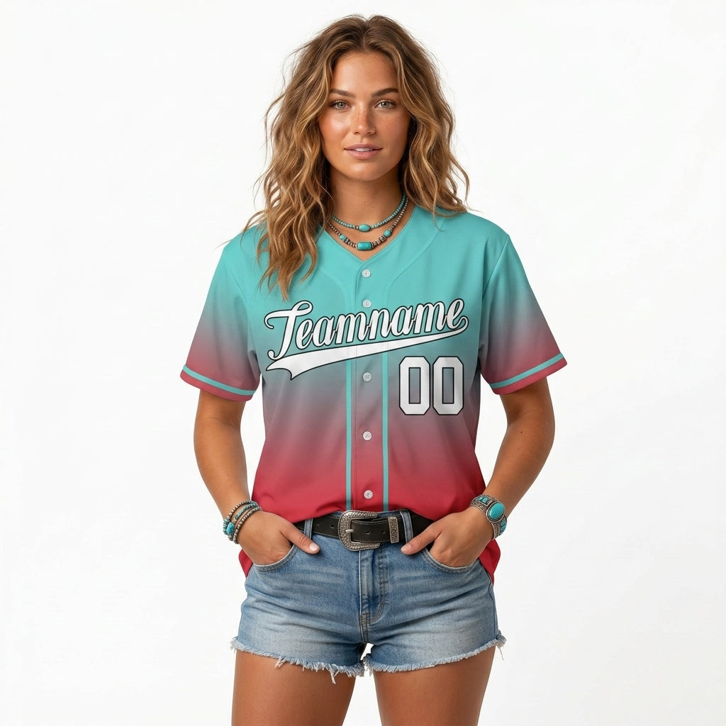 Custom Baseball Jersey - Personalized Gradient Shirt with Teal & Red Design - Full Sublimation