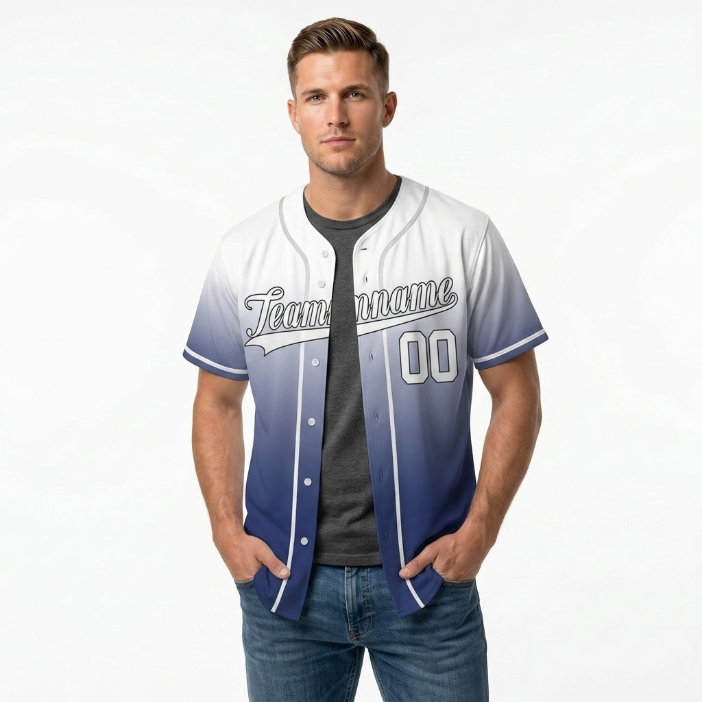 Custom Baseball Jersey - Personalized Gradient Shirt with White & Blue Design - Full Sublimation