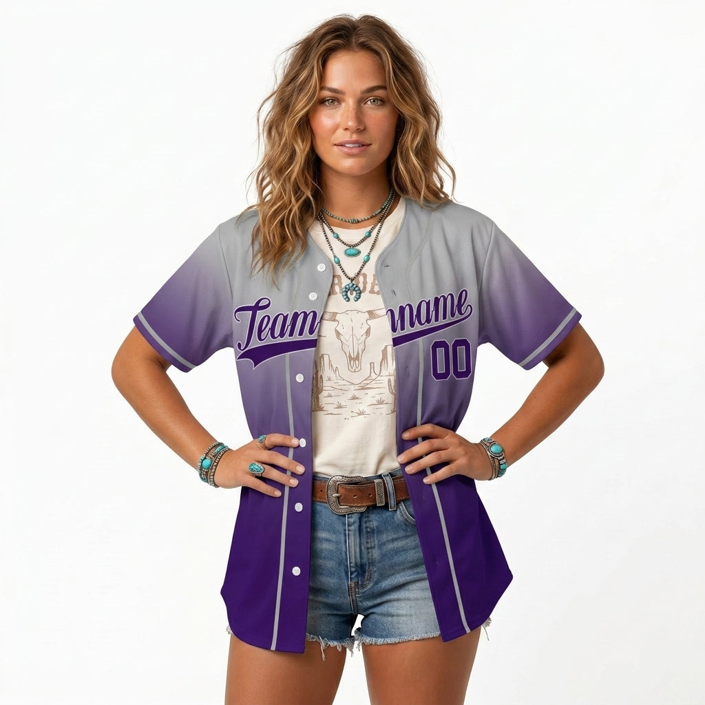 Custom Baseball Jersey - Personalized Gradient Shirt with Grey & Purple Design - Full Sublimation