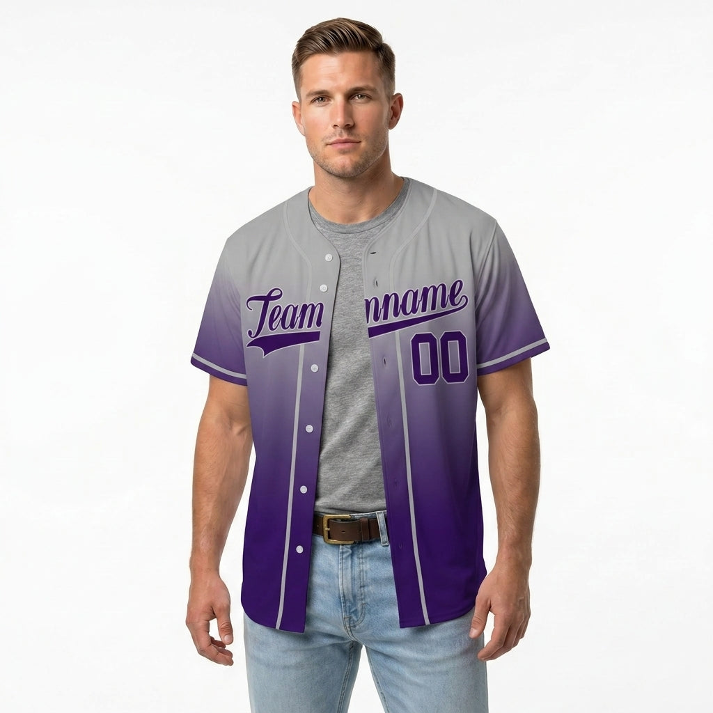 Custom Baseball Jersey - Personalized Gradient Shirt with Grey & Purple Design - Full Sublimation