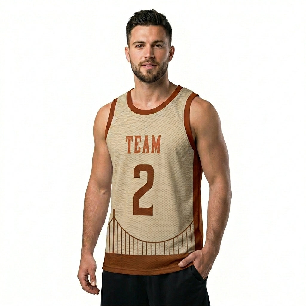 Custom Basketball Jersey - Personalized Cream & Brown Bridge Graphic Uniform - Full Sublimation