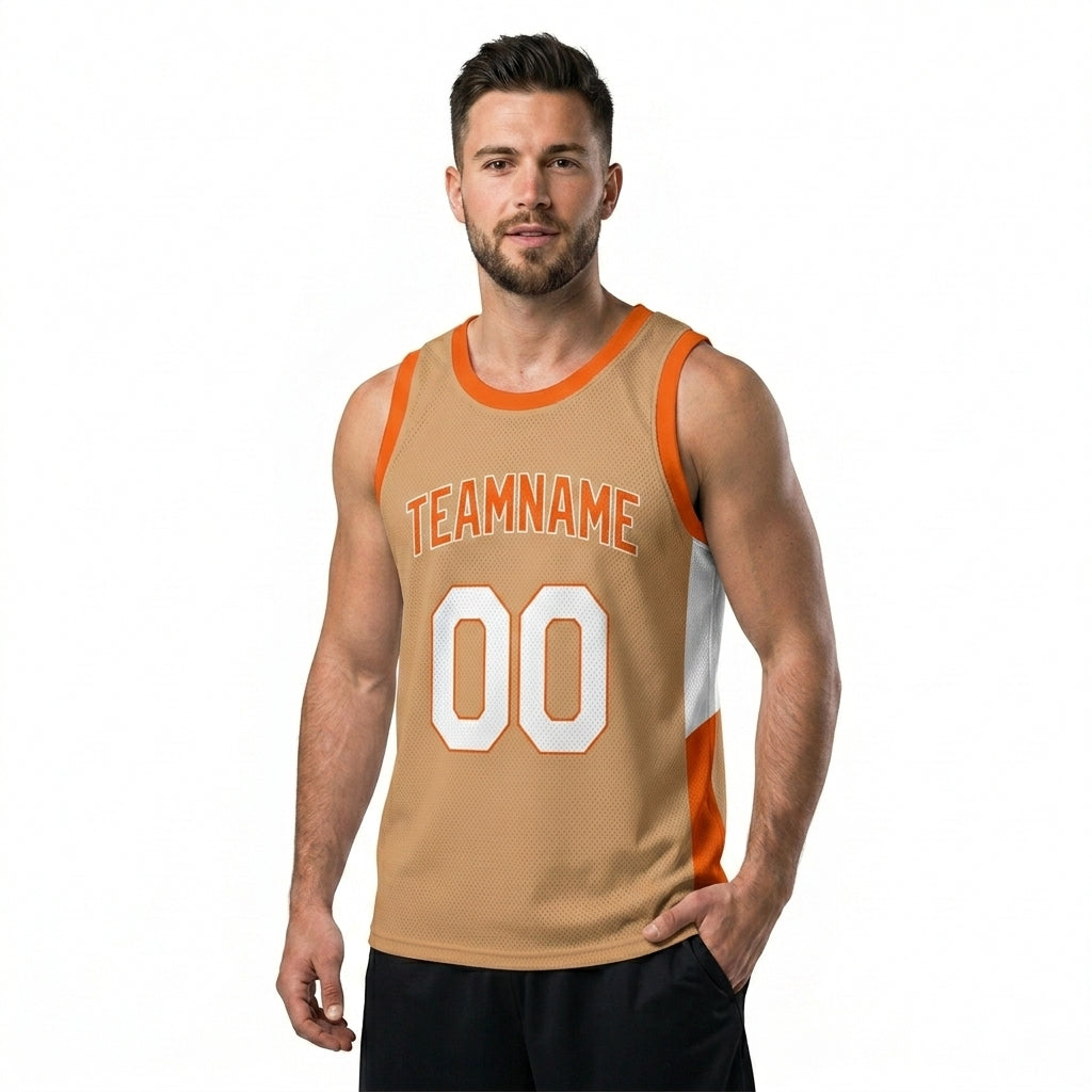Custom Basketball Jersey - Personalized Tan Tank Top with Orange Trim - Full Sublimation
