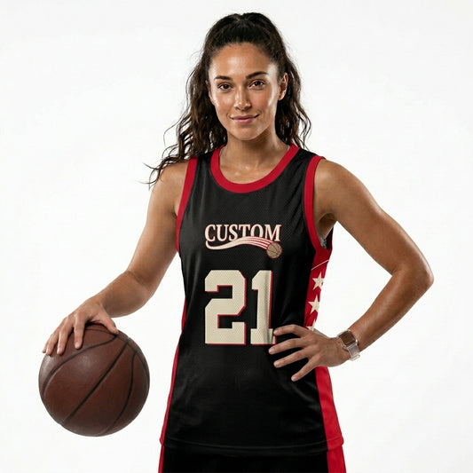 Custom Basketball Jersey - Personalized Black Tank Top with Red Trim & Star Details - Full Sublimation
