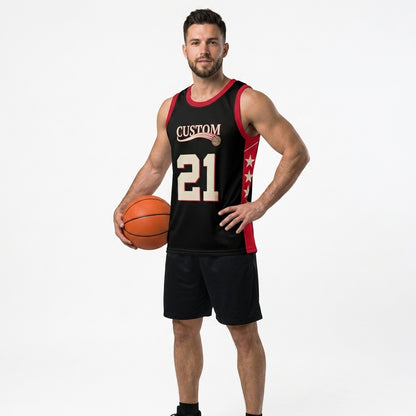 Custom Basketball Jersey - Personalized Black Tank Top with Red Trim & Star Details - Full Sublimation