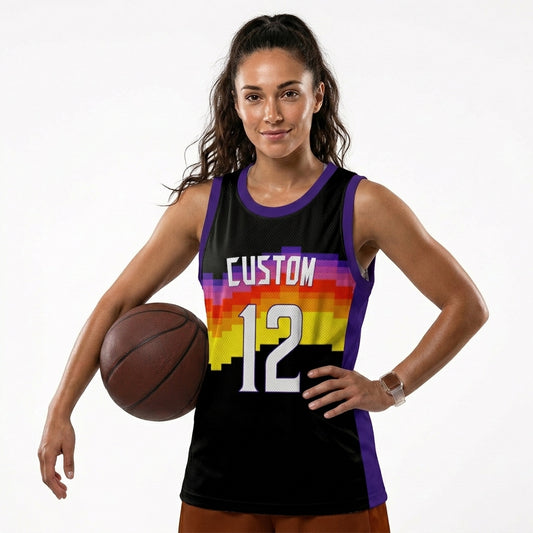 Custom Basketball Jersey - Personalized Pixel Art Sunset Design - Full Sublimation Tank Top