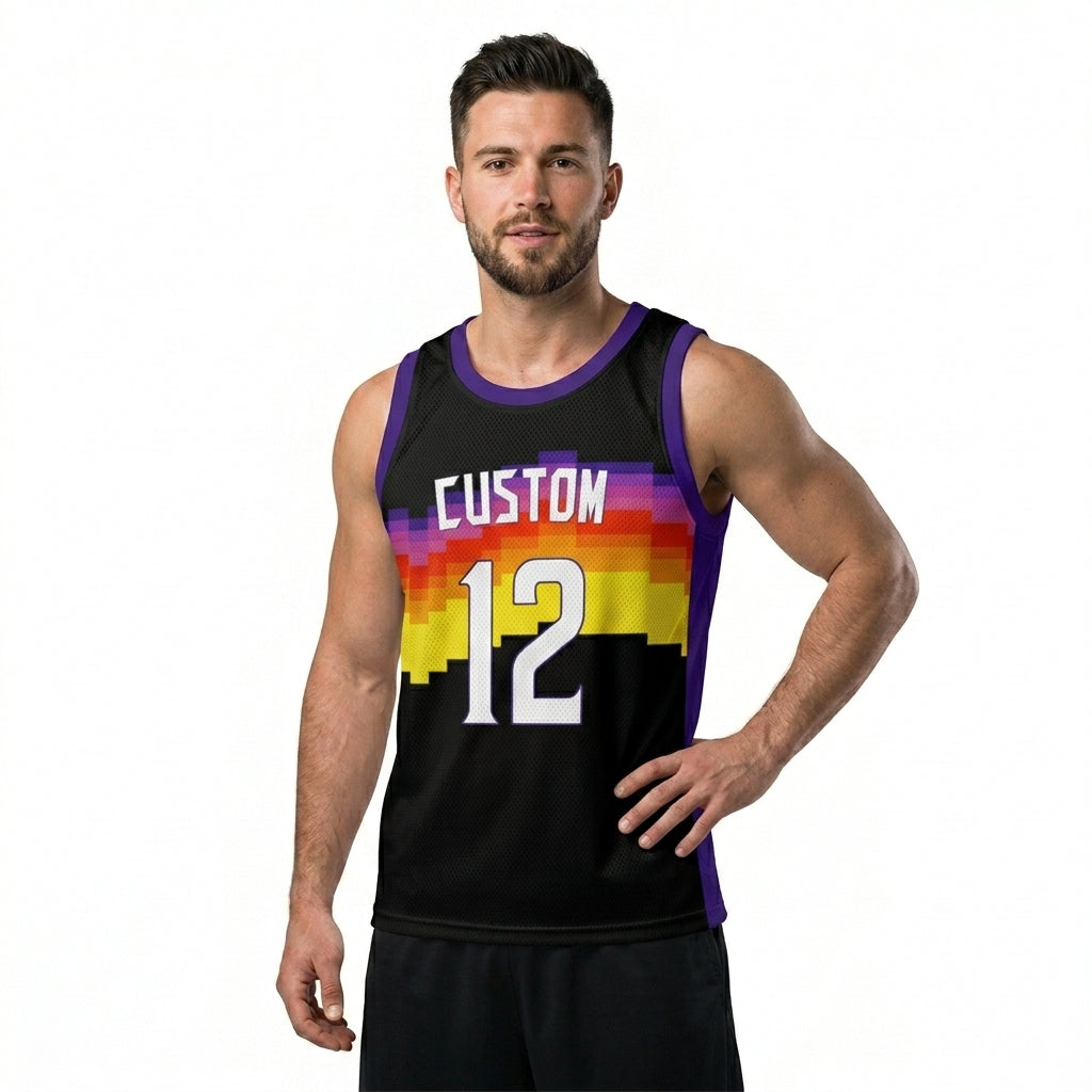 Custom Basketball Jersey - Personalized Pixel Art Sunset Design - Full Sublimation Tank Top