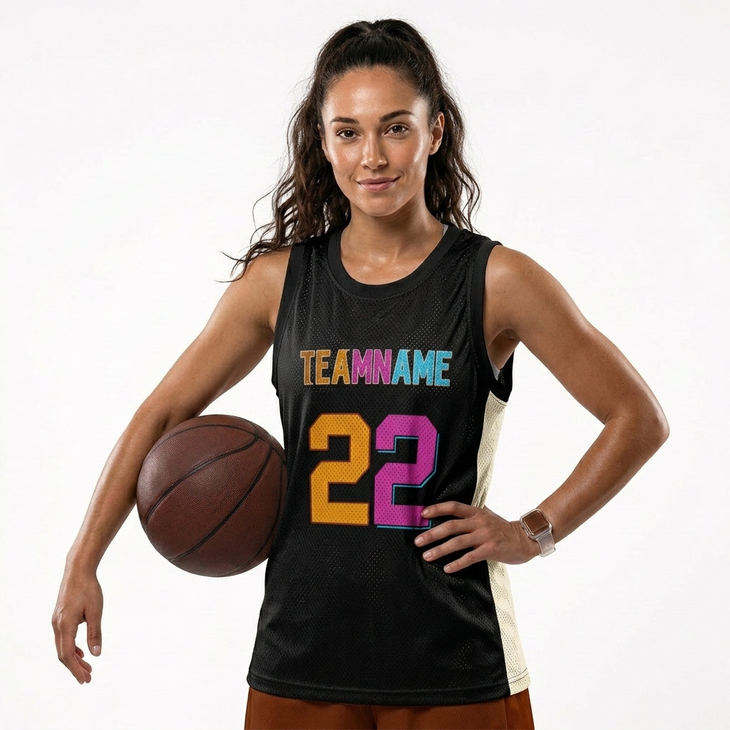 Custom Basketball Jersey - Personalized Black Tank Top with Orange & Pink Graphic - Full Sublimation