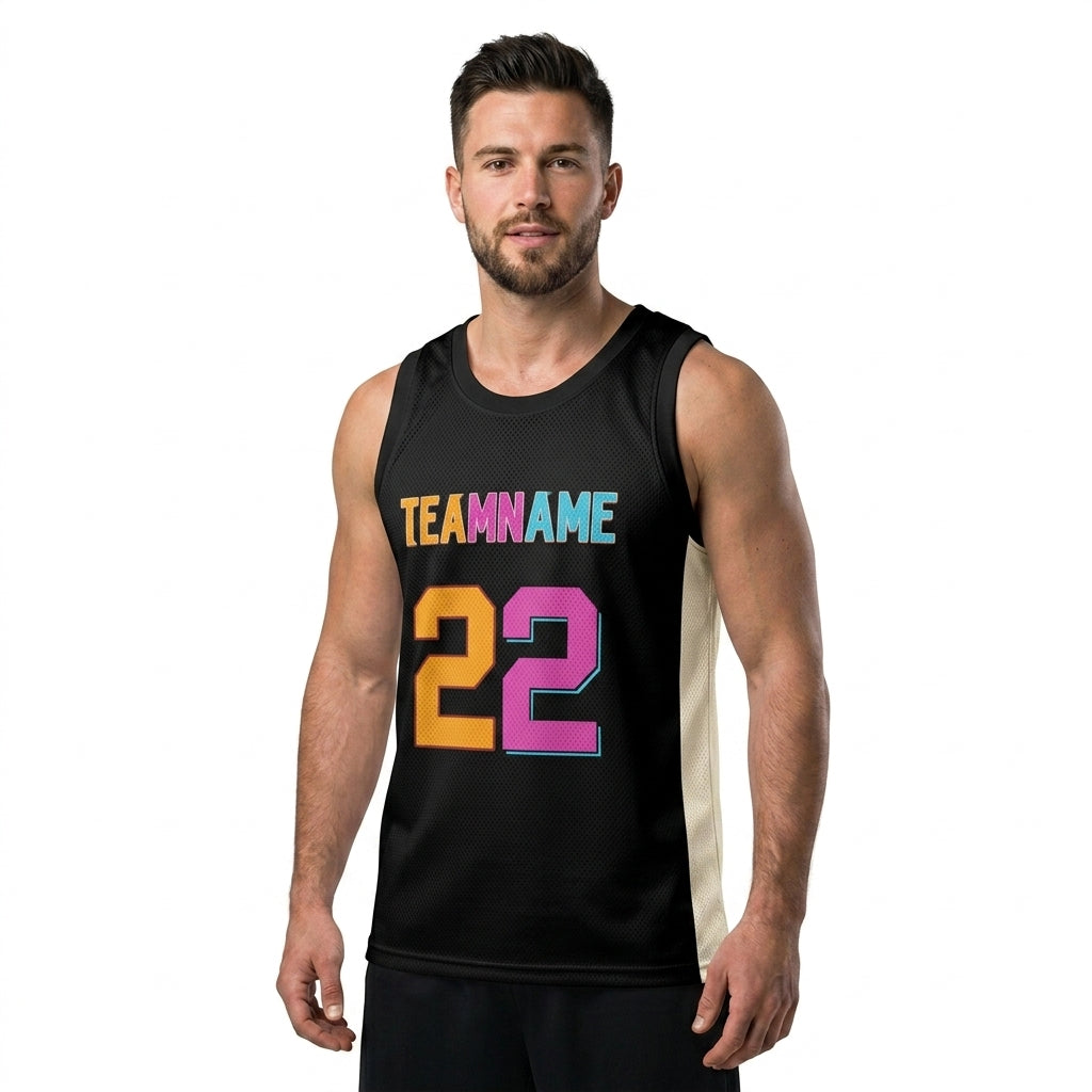 Custom Basketball Jersey - Personalized Black Tank Top with Orange & Pink Graphic - Full Sublimation