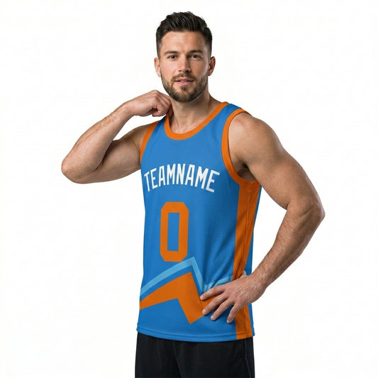 Custom Basketball Jersey - Personalized Blue Tank Top with Orange Bolt Graphic - Full Sublimation