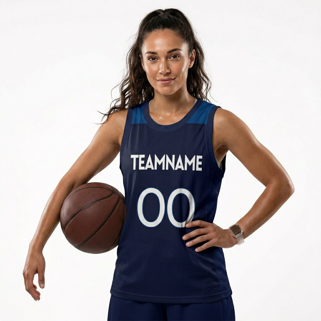 Custom Basketball Jersey - Personalized Navy Tank Top with Shoulder Panel Design - Full Sublimation