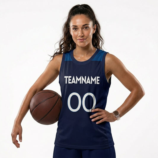 Custom Basketball Jersey - Personalized Navy Tank Top with Shoulder Panel Design - Full Sublimation
