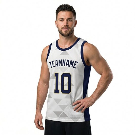 Custom Basketball Jersey - Personalized White Tank Top with Geometric Triangle Pattern - Full Sublimation