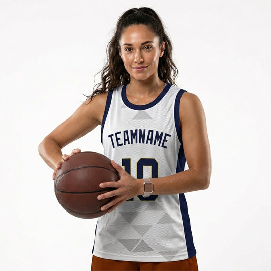Custom Basketball Jersey - Personalized White Tank Top with Geometric Triangle Pattern - Full Sublimation