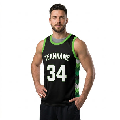 Custom Basketball Jersey - Personalized Black Tank Top with Green Chevron Design - Full Sublimation