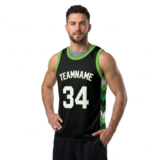 Custom Basketball Jersey - Personalized Black Tank Top with Green Chevron Design - Full Sublimation