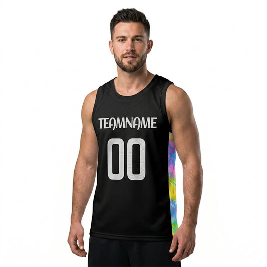 Custom Blue Basketball Jersey - Multi-Stripe Side Panel Design - Professional Team Uniform