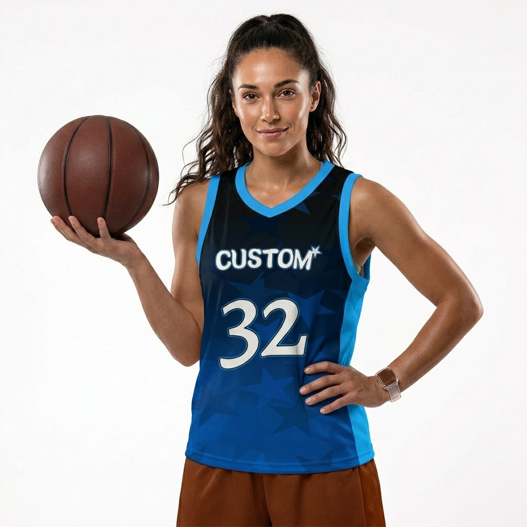 Custom Basketball Jersey - Personalized Blue Gradient Tank Top with Star Print - Full Sublimation