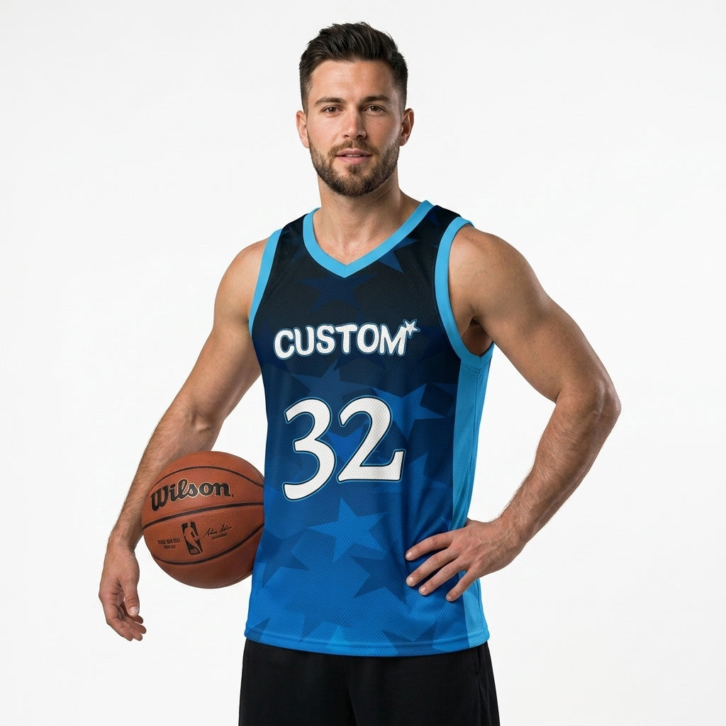 Custom Basketball Jersey - Personalized Blue Gradient Tank Top with Star Print - Full Sublimation