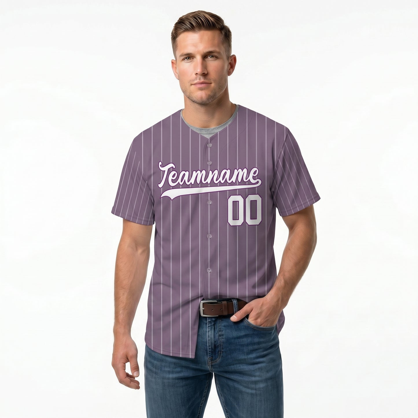 Custom Baseball Jersey - Personalized Dusty Purple Shirt with White Pinstripes - Full Sublimation