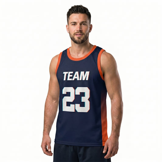Custom Basketball Jersey - Personalized Navy Blue Tank Top with Orange Gradient - Full Sublimation