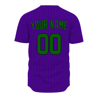 Custom Baseball Jersey - Personalized Purple Shirt with Pinstripes & Green Graphics - Full Sublimation