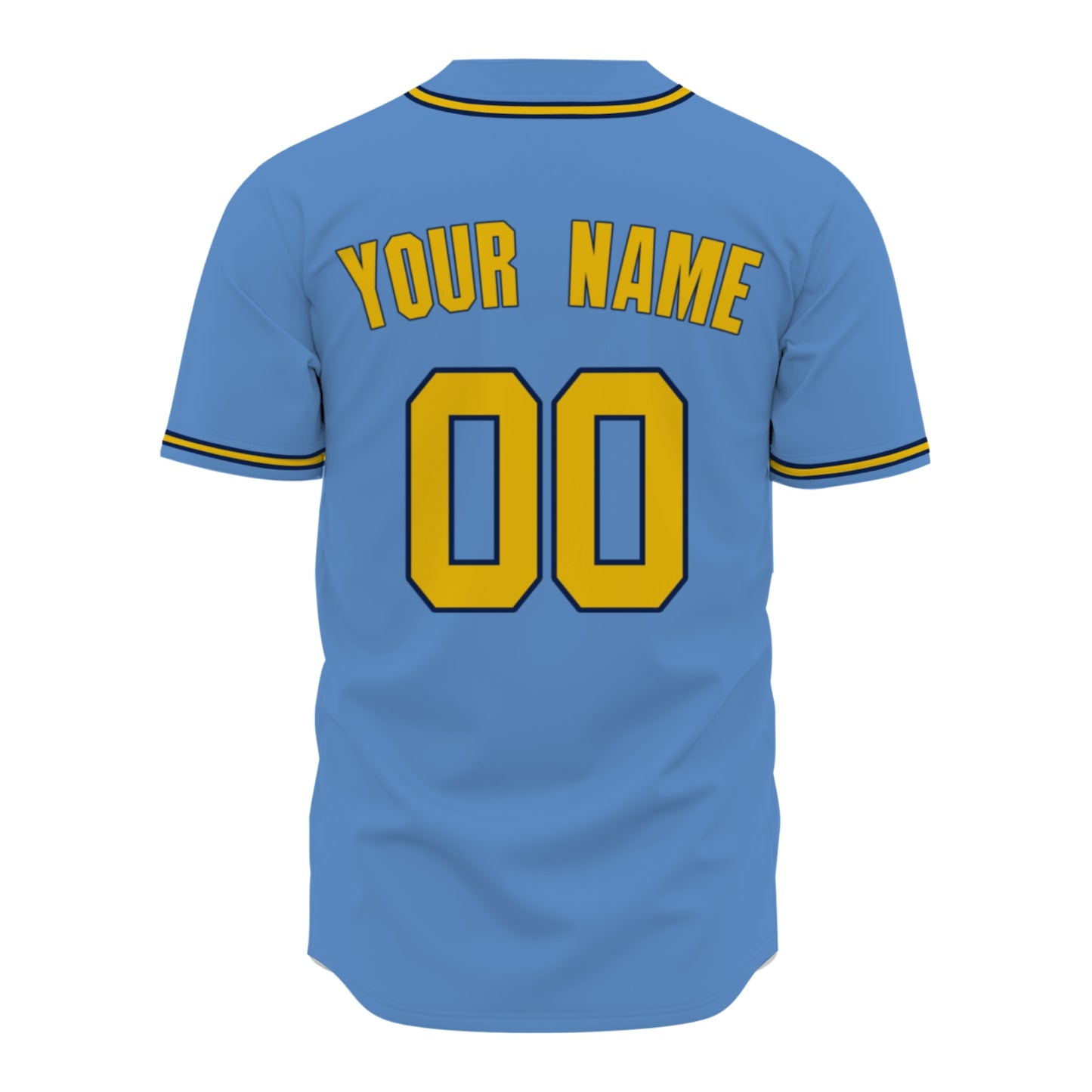Custom Baseball Jersey - Personalized Sky Blue Shirt with Gold & Navy Piping - Full Sublimation