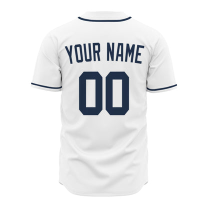 Custom Baseball Jersey - Personalized White Shirt with Navy Blue Piping - Full Sublimation for Men Women- Personalized Team Sportswear printed or Stitched Name Number (Size S-8XL)