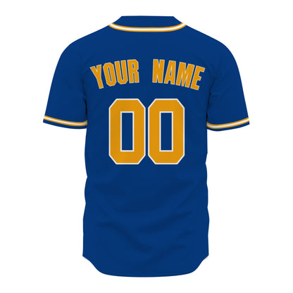 Custom Baseball Jersey - Personalized Royal Blue Shirt with Gold & White Piping - Full Sublimation