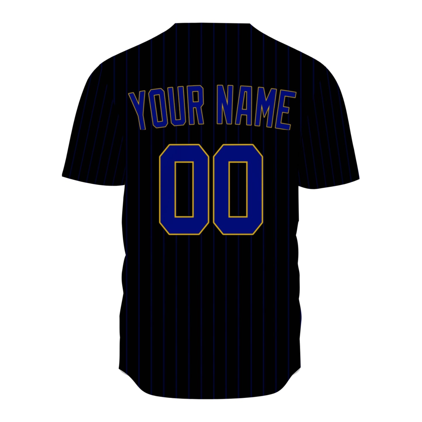 Custom Baseball Jersey - Personalized Black Shirt with Blue Pinstripes & Gold Details - Full Sublimation