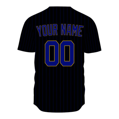 Custom Baseball Jersey - Personalized Black Shirt with Blue Pinstripes & Gold Details - Full Sublimation