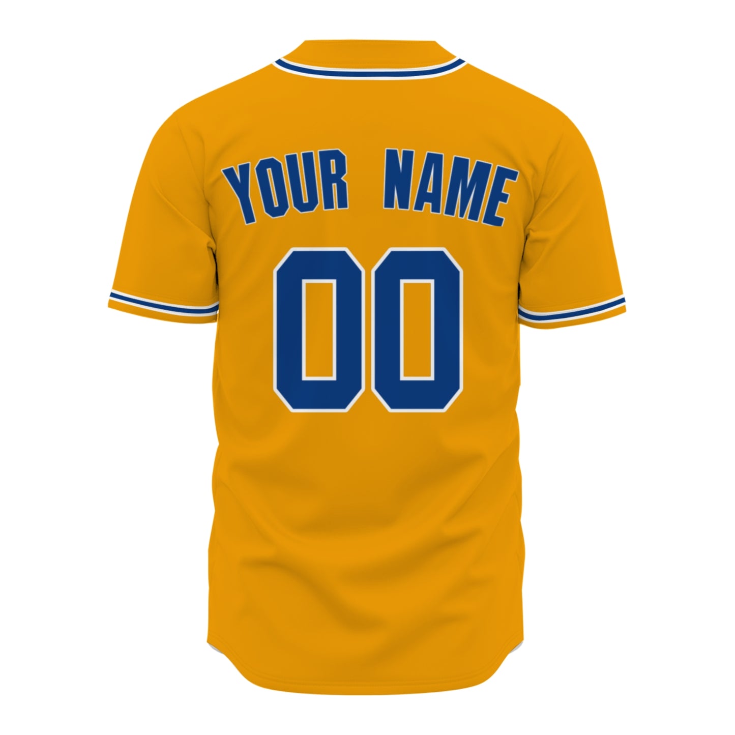 Custom Baseball Jersey - Personalized Gold Shirt with Blue & White Piping Graphics