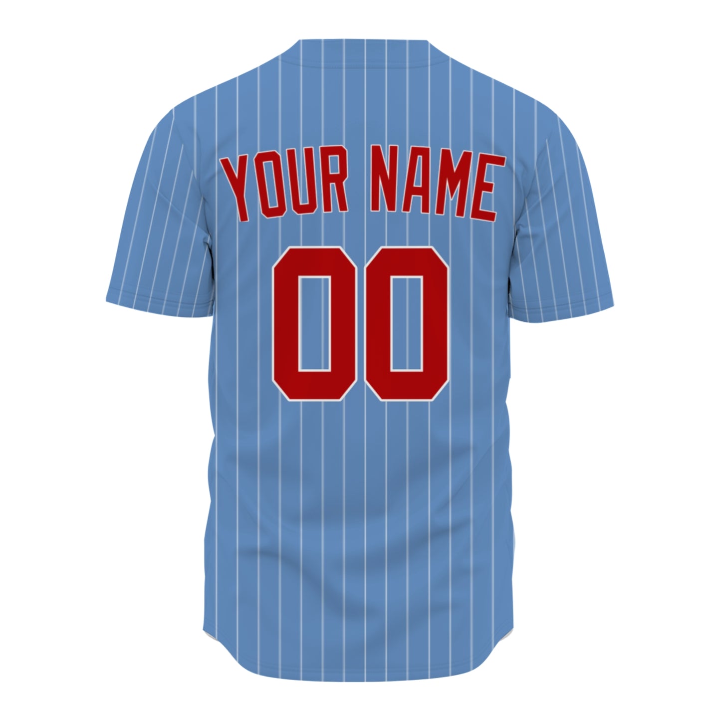 Custom Baseball Jersey - Personalized Powder Blue Shirt with White Pinstripes & Red Graphics