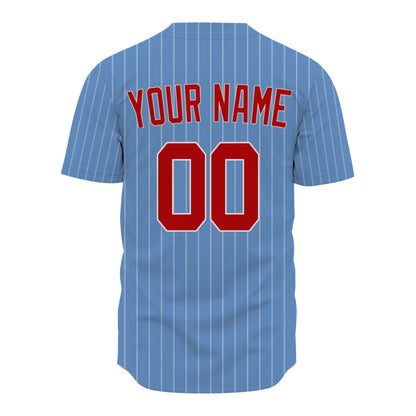 Custom Baseball Jersey - Personalized Powder Blue Shirt with White Pinstripes & Red Graphics