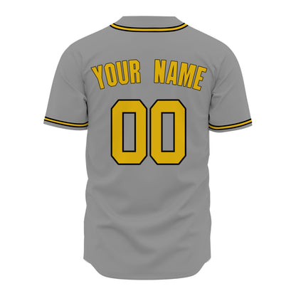 Custom Baseball Jersey - Personalized Grey Shirt with Gold & Black Piping - Full Sublimation