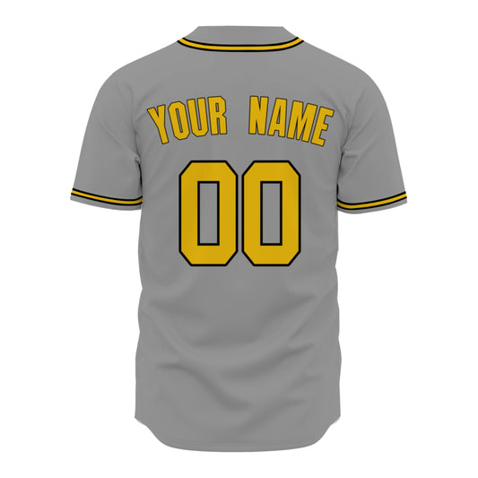 Custom Baseball Jersey - Personalized Grey Shirt with Gold & Black Piping - Full Sublimation