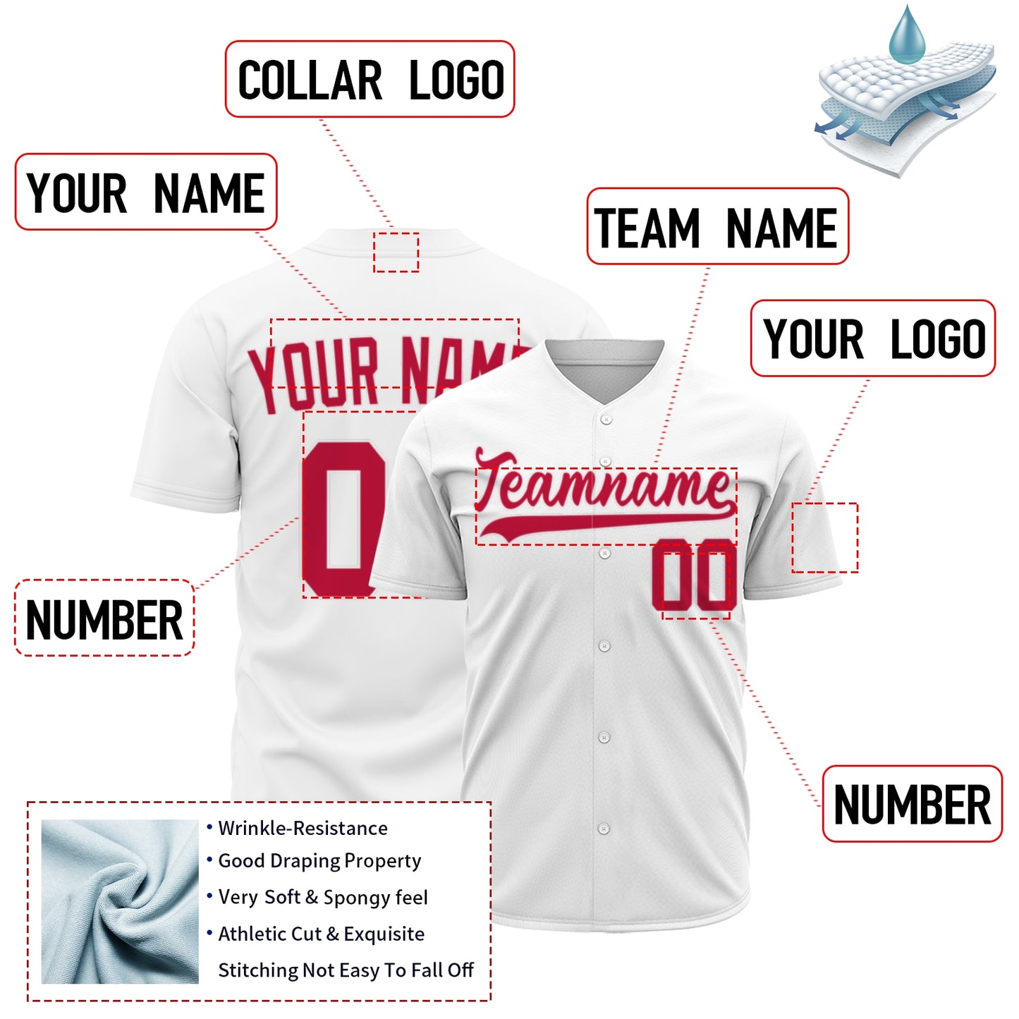 Custom Baseball Jersey - Personalized White Shirt with Red Lettering - Full Sublimation for Men Women- Personalized Team Sportswear printed or Stitched Name Number (Size S-8XL)
