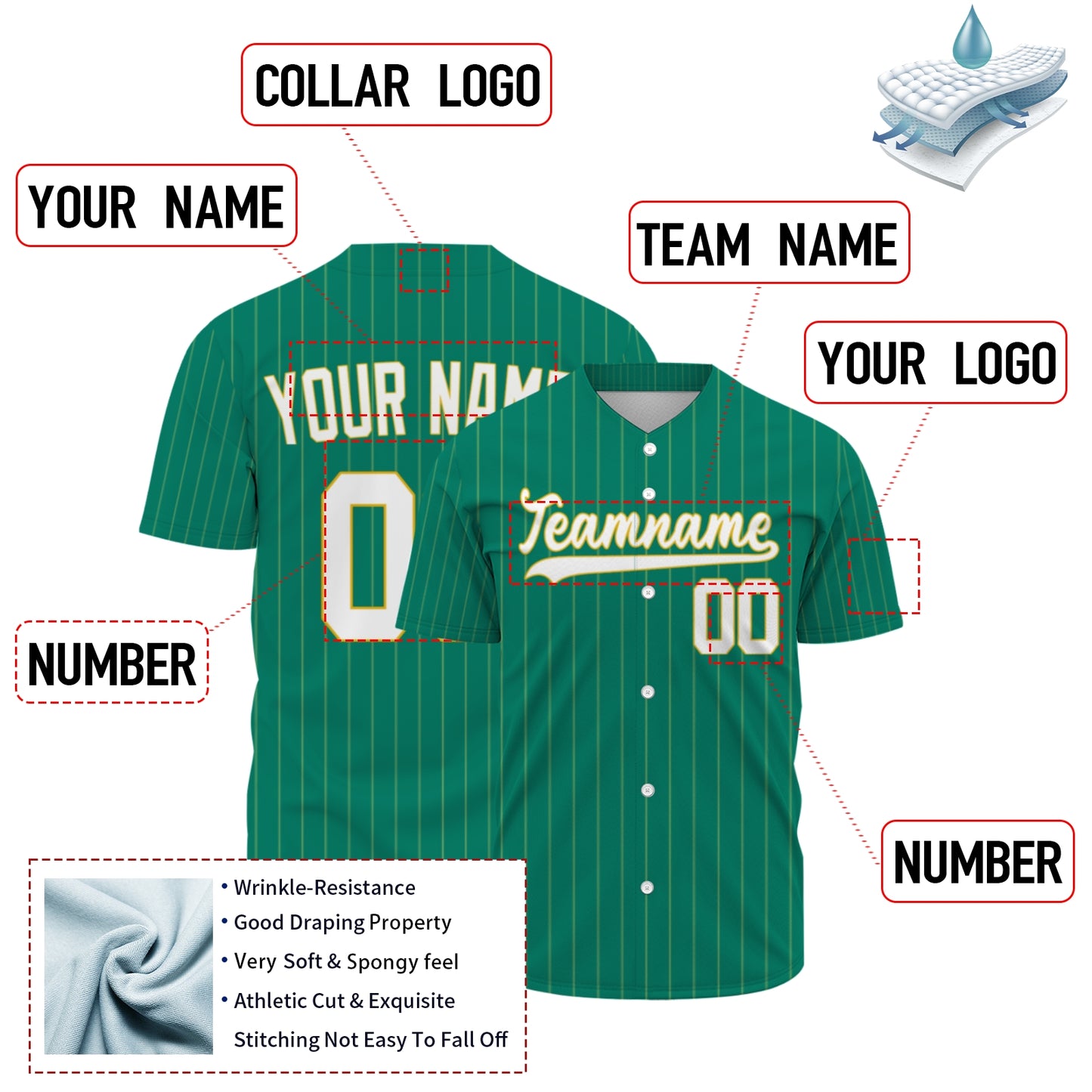 Custom Baseball Jersey - Personalized Green Shirt with Pinstripes & Gold Details - Full Sublimation