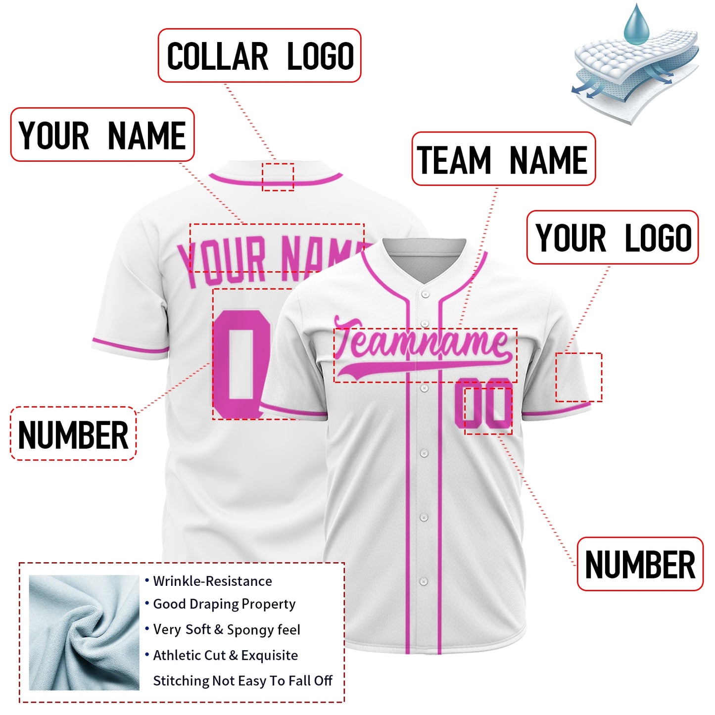 Custom Baseball Jersey - Personalized White Shirt with Pink Lettering - Full Sublimation