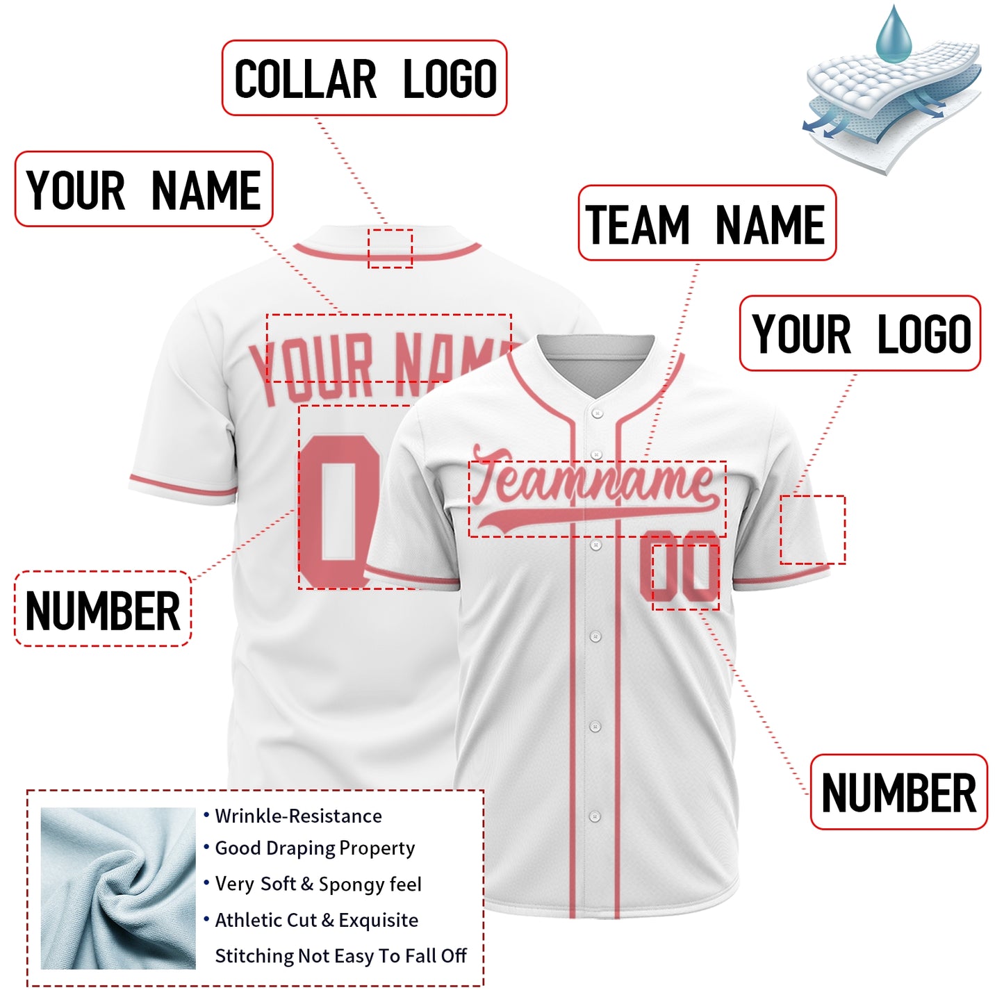 Custom Baseball Jersey - Personalized White Shirt with Soft Red Details - Full Sublimation for Men Women- Personalized Team Sportswear printed or Stitched Name Number (Size S-8XL)