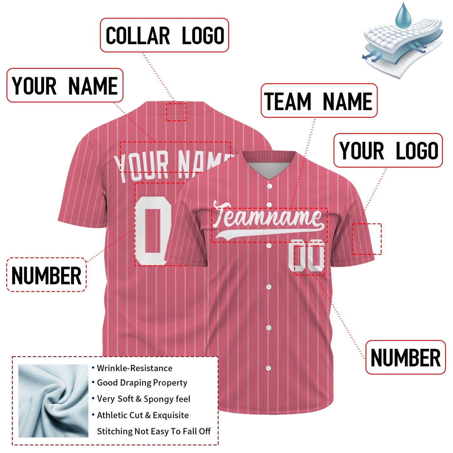 Custom Baseball Jersey - Personalized Rose Red Shirt with White Pinstripes - Full Sublimation