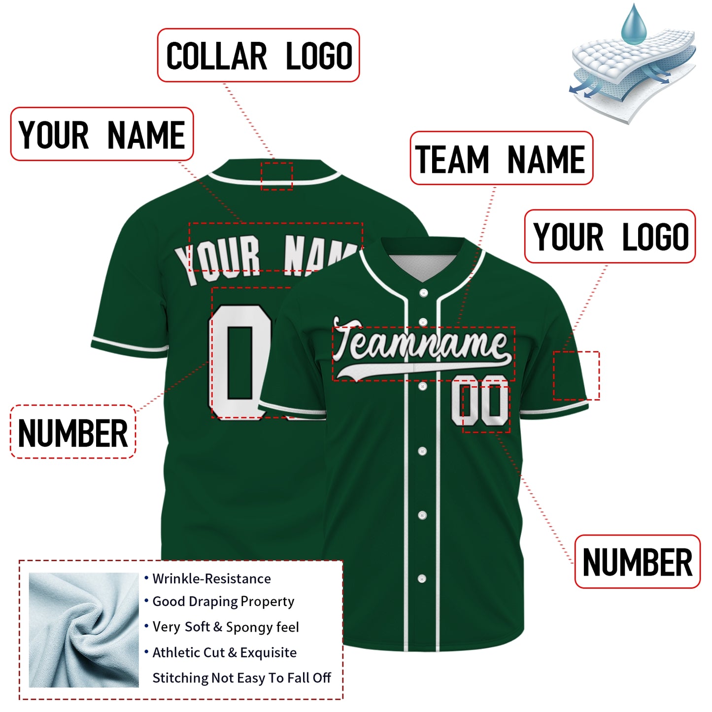Custom Baseball Jersey - Personalized Forest Green Shirt with White Piping - Full Sublimation