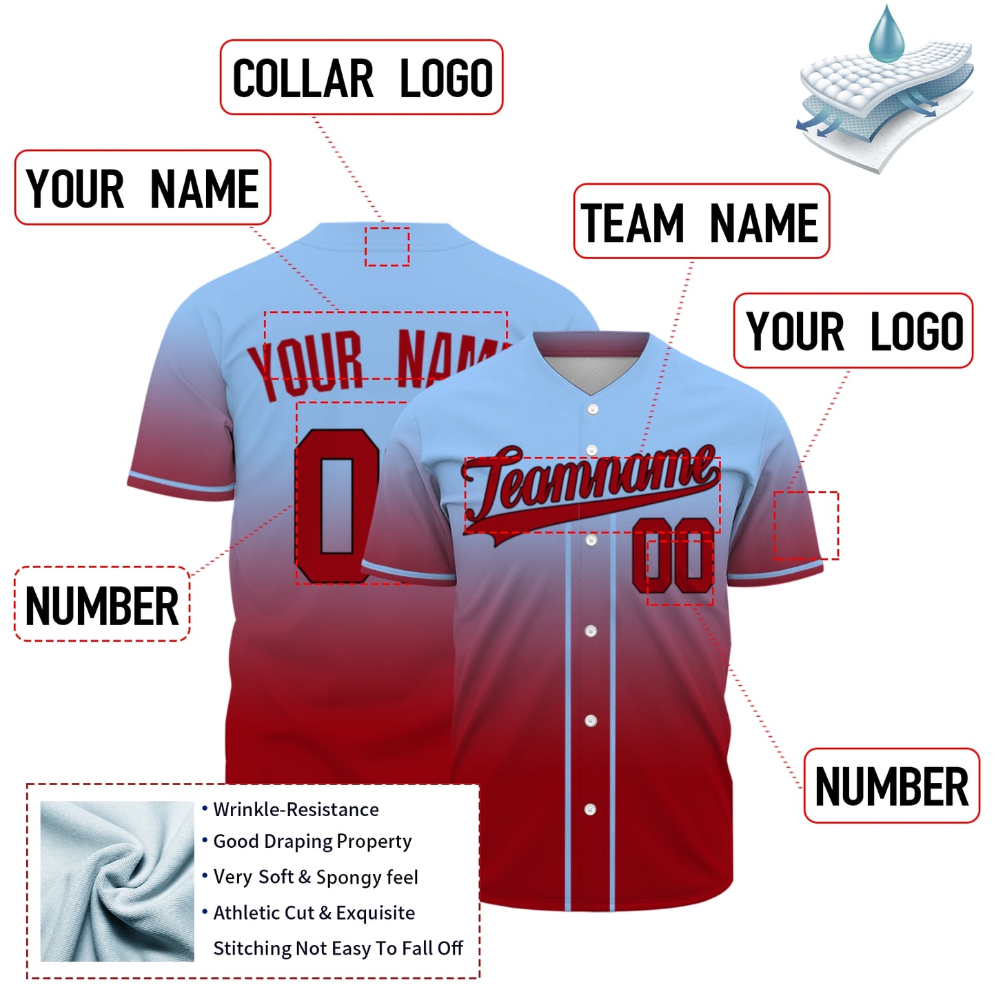 Custom Baseball Jersey - Personalized Gradient Shirt with Blue & Red Design - Full Sublimation