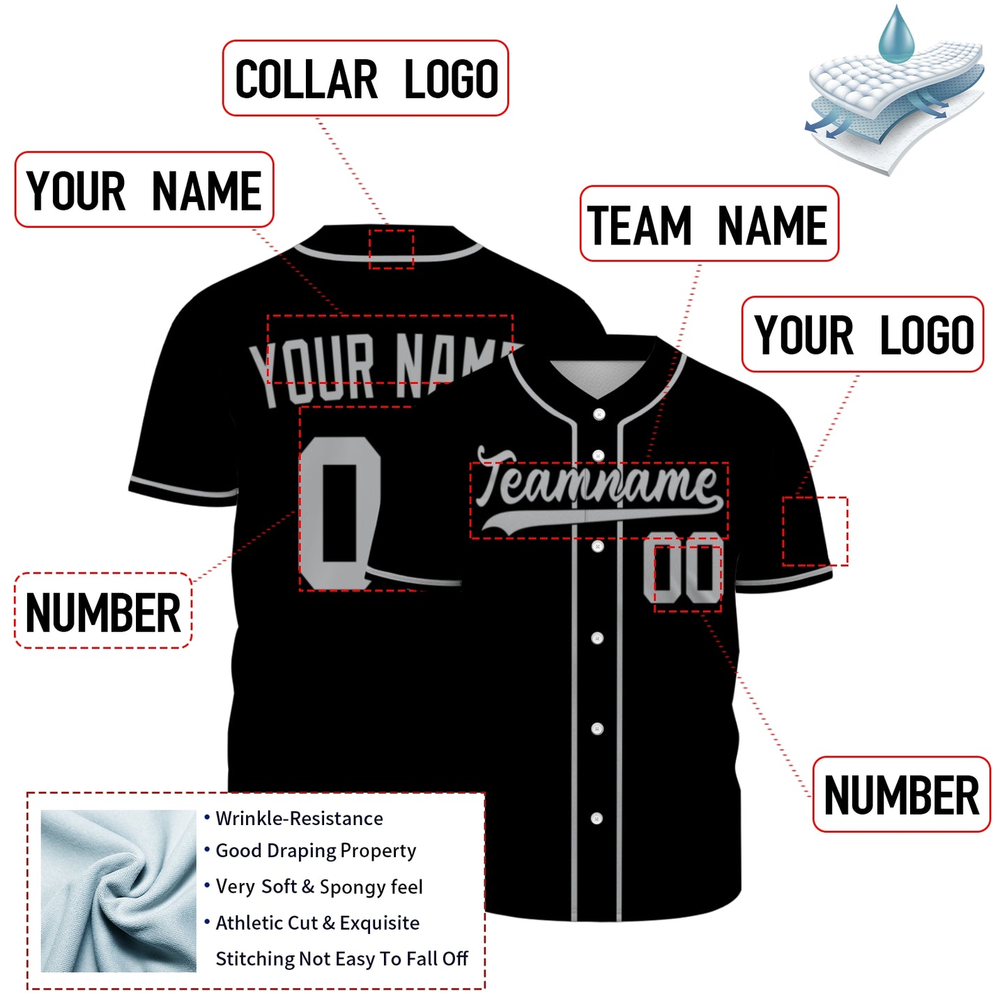 Custom Baseball Jersey - Personalized Black Shirt with Grey Details - Full Sublimation