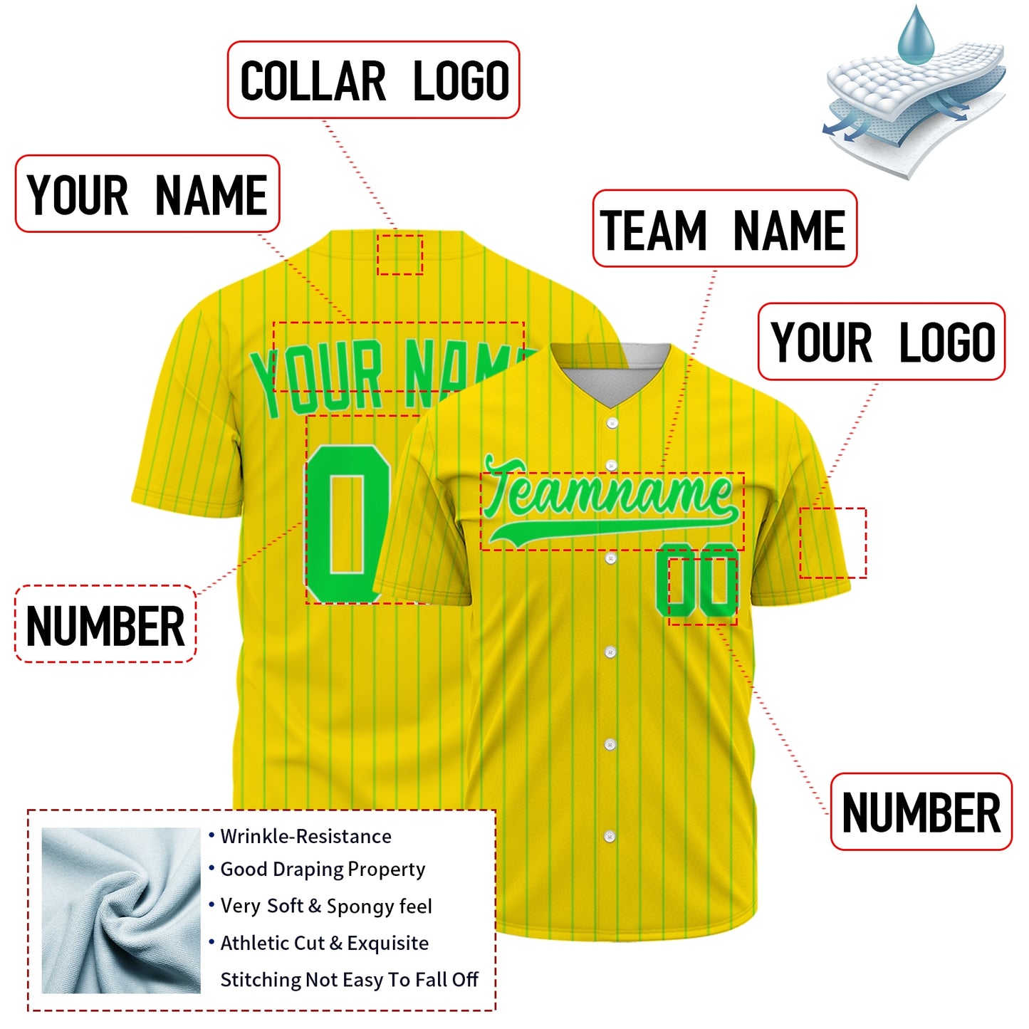 Custom Baseball Jersey - Personalized Yellow Shirt with Green Pinstripes & Graphics