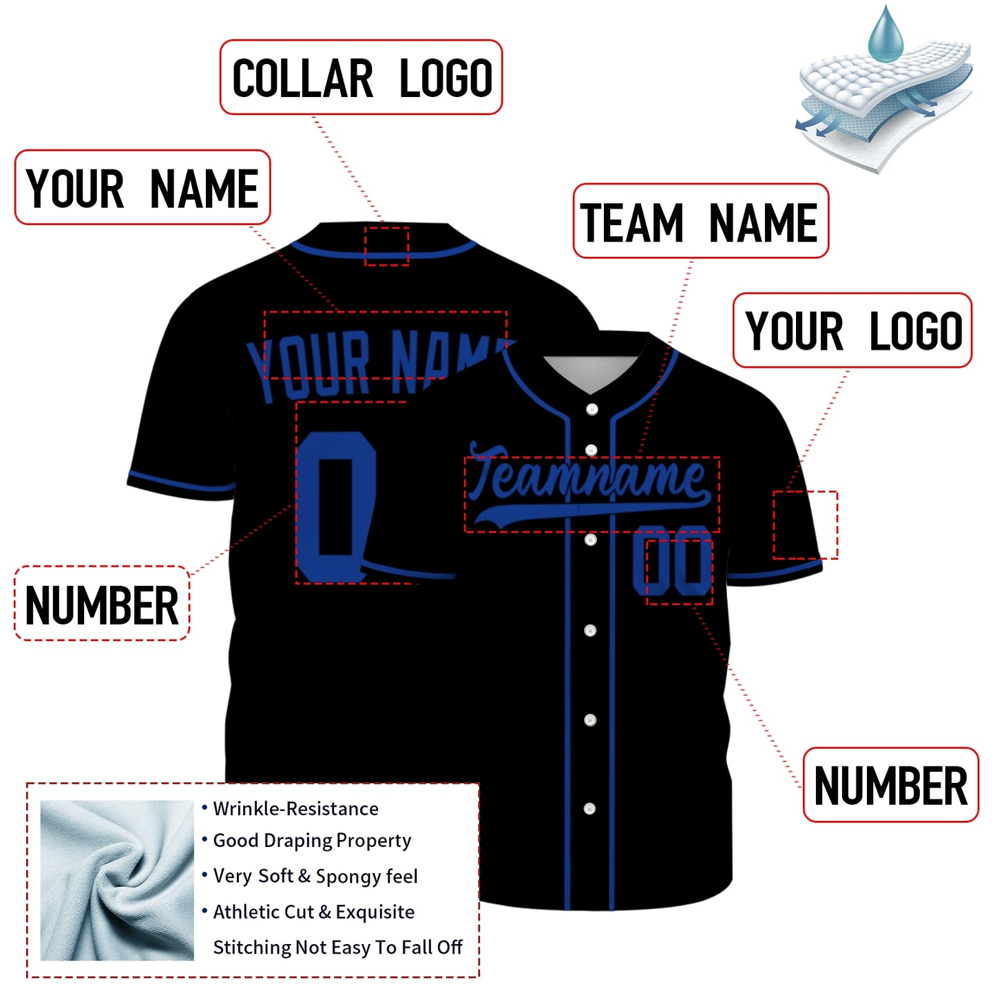 Custom Baseball Jersey - Personalized Black Shirt with Blue Piping - Full Sublimation for Men Women- Personalized Team Sportswear printed or Stitched Name Number (Size S-8XL)