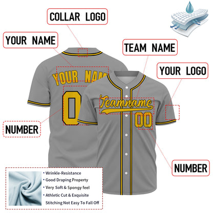 Custom Baseball Jersey - Personalized Grey Shirt with Gold & Black Piping - Full Sublimation