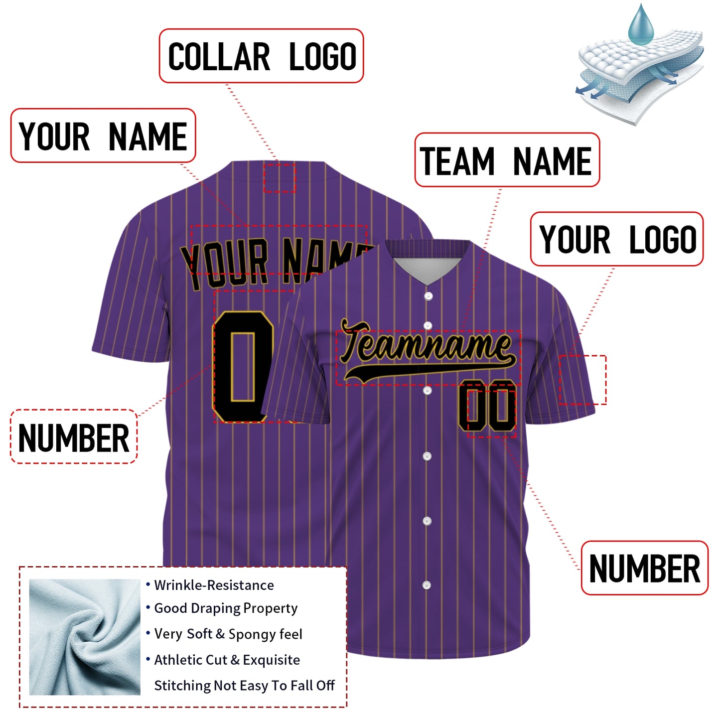Custom Baseball Jersey - Personalized Purple Shirt with Gold Pinstripes - Full Sublimation