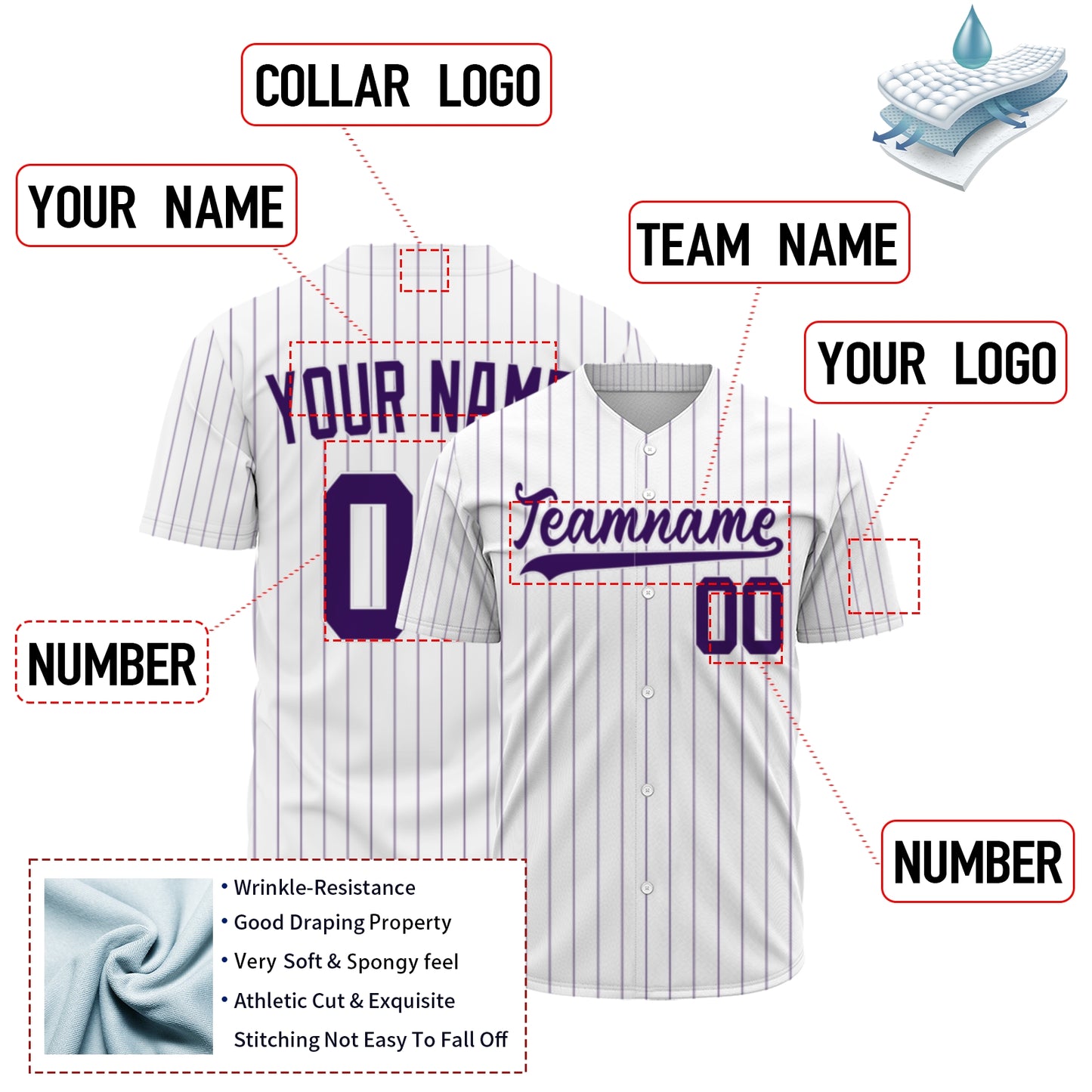 Custom Baseball Jersey - Personalized White Shirt with Purple Pinstripes - Full Sublimation