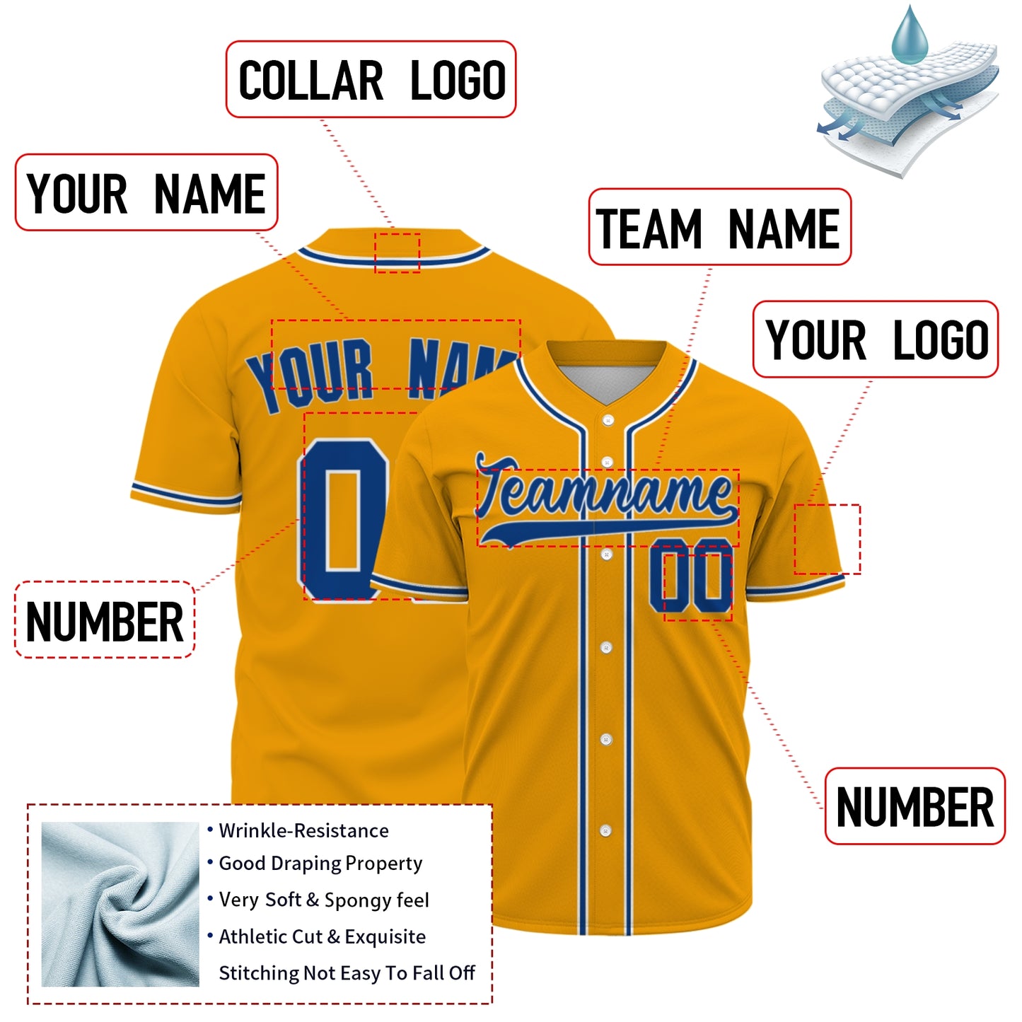 Custom Baseball Jersey - Personalized Gold Shirt with Blue & White Piping Graphics